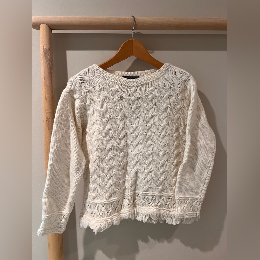 Elsamanda Anthropologie ivory cableknit fringe hem pullover sweater wool blend s